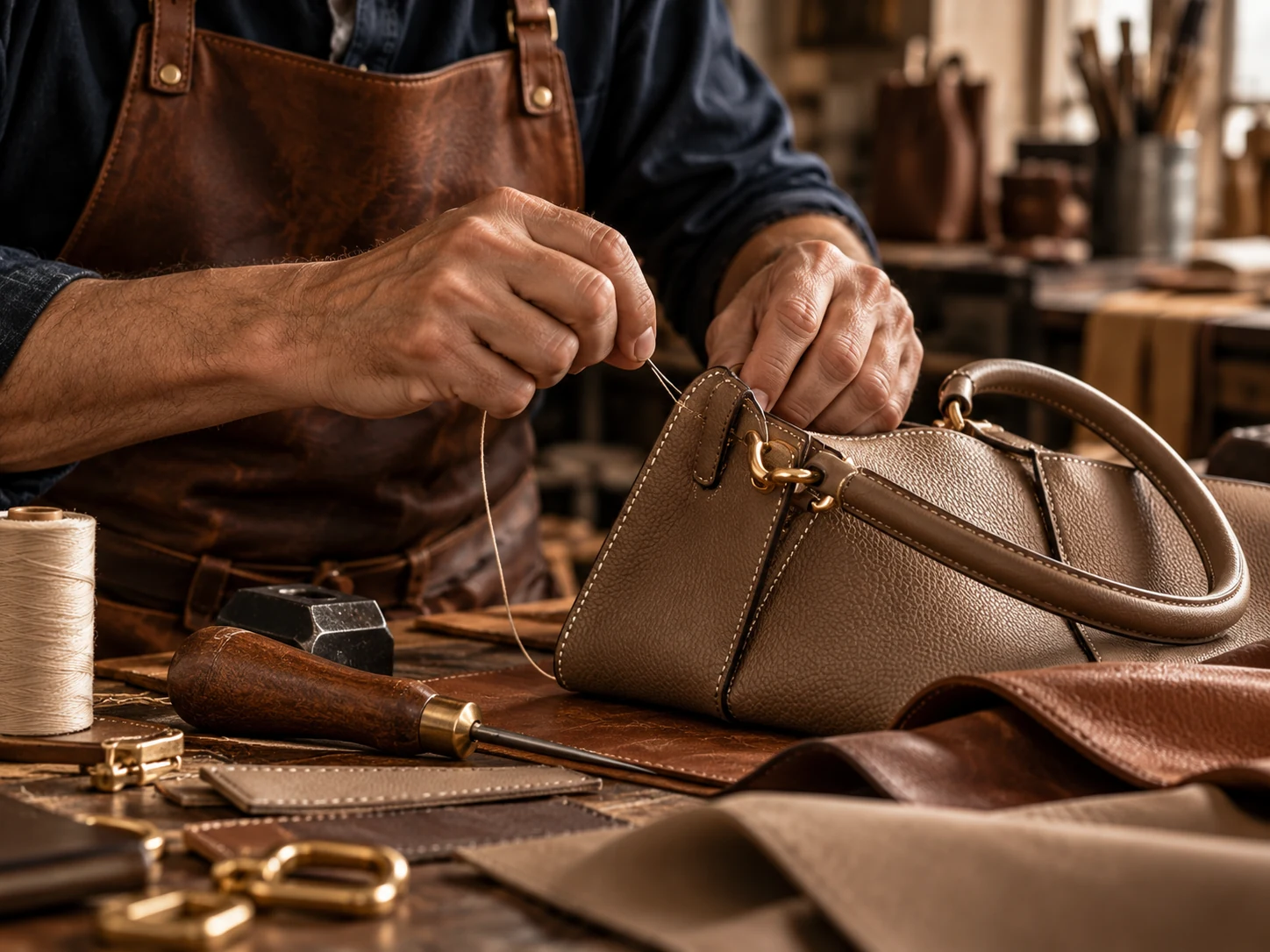 Italian leather artisan stitching a handbag by hand in a workshop