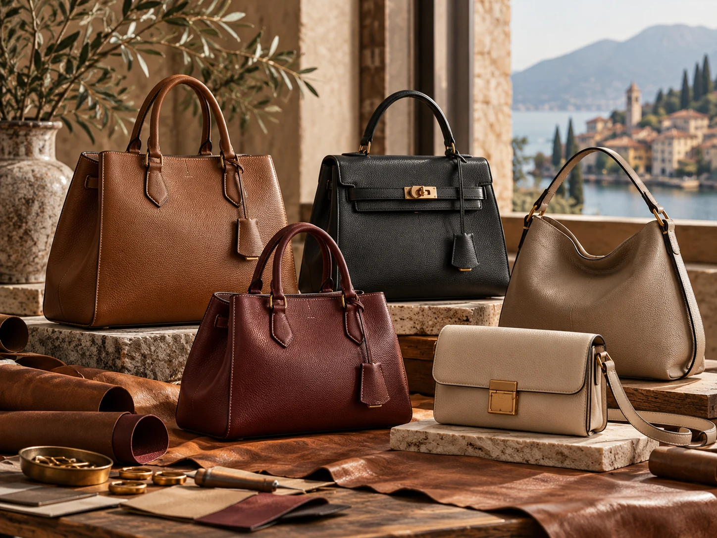 Italian leather handbags in a sunlit atelier