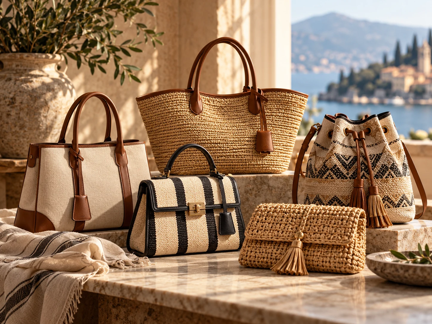 Assortment of Italian fabric, raffia and straw bags displayed on a Mediterranean terrace