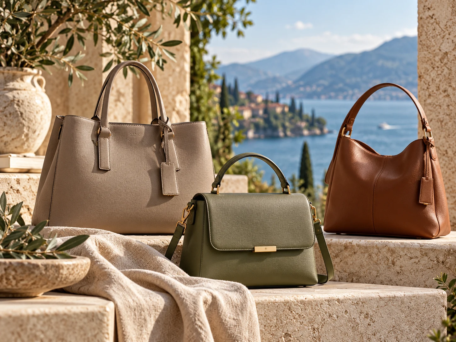 Premium faux leather bags displayed on an elegant Italian terrace