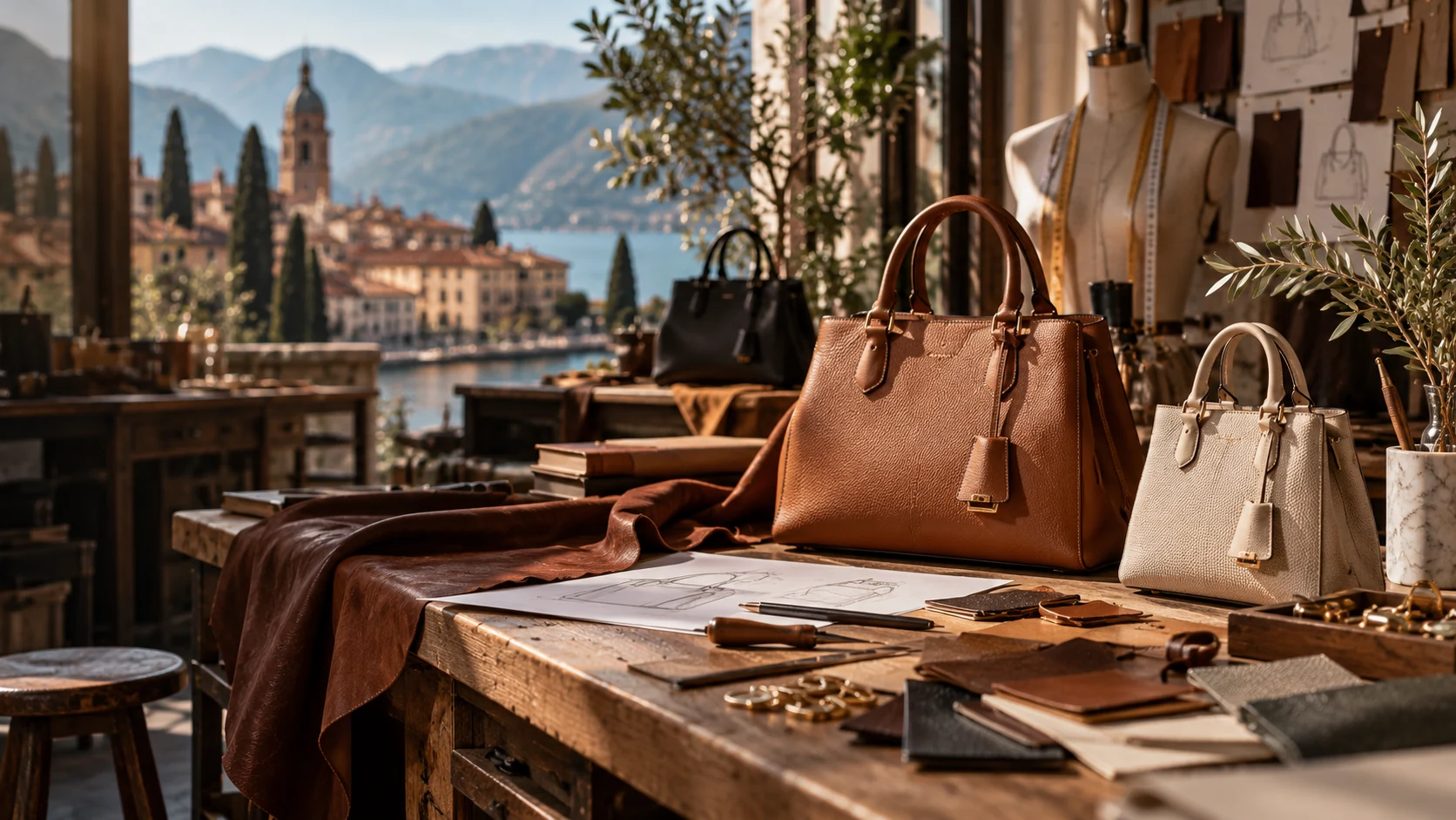 Luxury Italian handbag atelier with premium leather bags, materials and sketches in an artisan workshop overlooking an Italian lakeside town