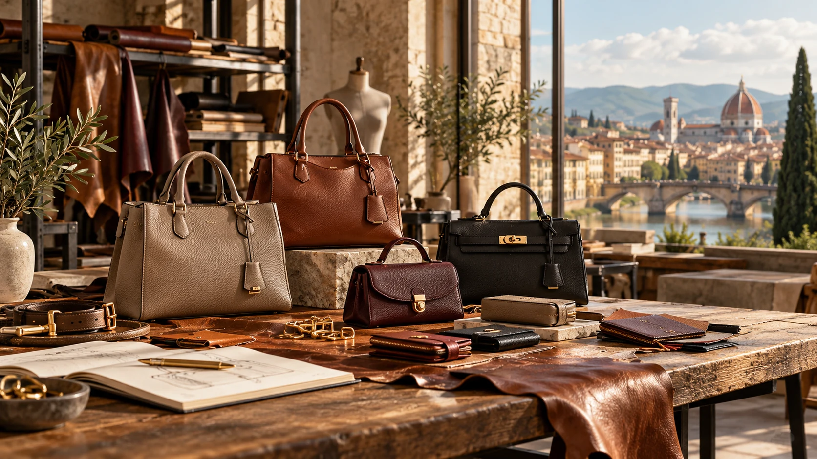 Italian leather goods atelier showroom with handbags and accessories overlooking Florence