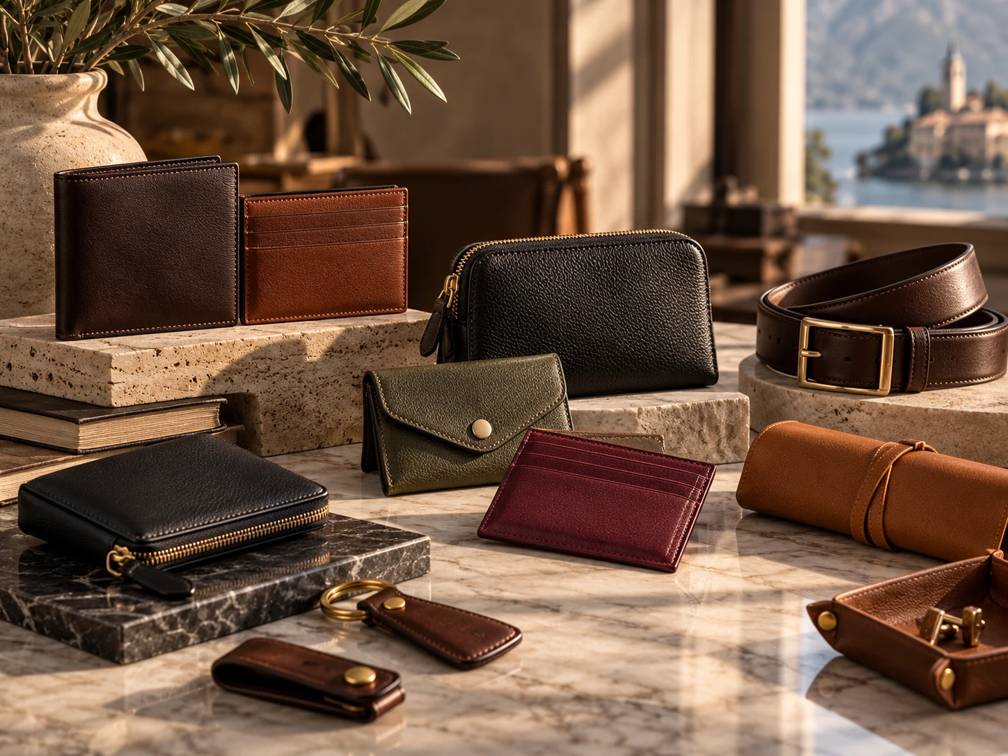Italian small leather goods including wallets, belts and cardholders on a marble table